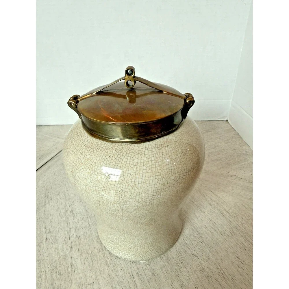 Vintage 1980s Tozai Faux Shagreen Crackle Porcelain & Bronze Ginger Jar Urn